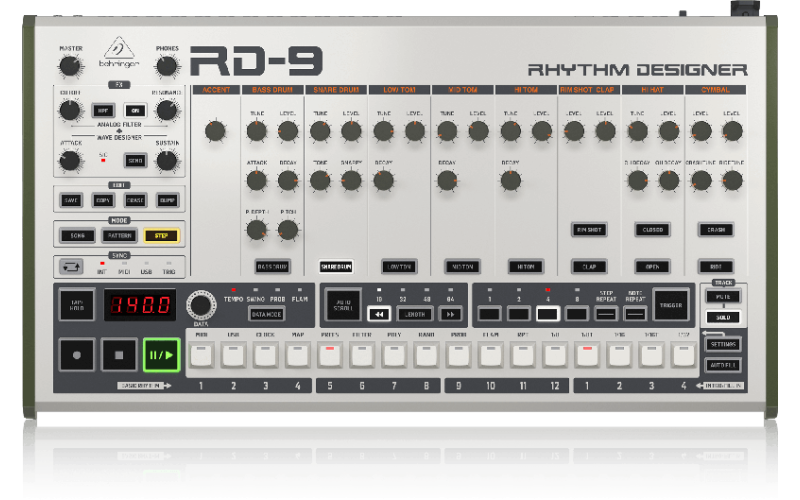 BEHRINGER RD-9 - классическая аналоговая/цифровая драм-машина, 64-шаговый секвенсор