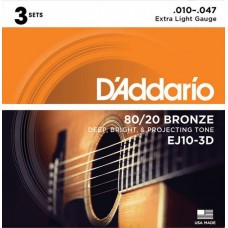 D'Addario EJ10-3D Bronze 80/20 Струны для акустической гитары, бронза, 10-47, 3 комплекта