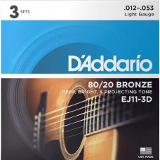 D'Addario EJ11-3D Bronze 80/20 Струны для акустической гитары, бронза, 12-53, 3 комплекта