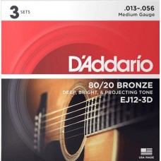 D'Addario EJ12-3D Bronze 80/20 Струны для акустической гитары, бронза, 13-56, 3 комплекта