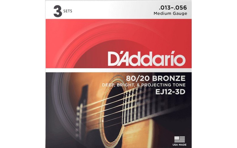 D'Addario EJ12-3D Bronze 80/20 Струны для акустической гитары, бронза, 13-56, 3 комплекта