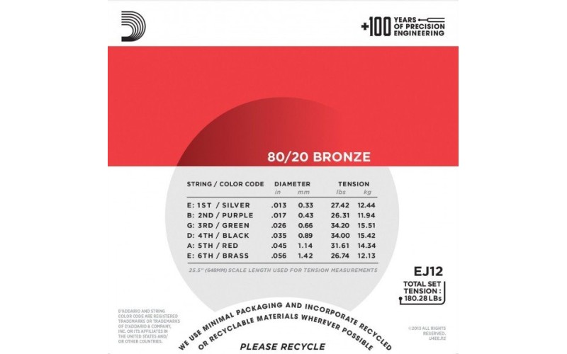 D'ADDARIO EJ12 струны для акустической гитары, бронза, 80/20, Medium, 13-56