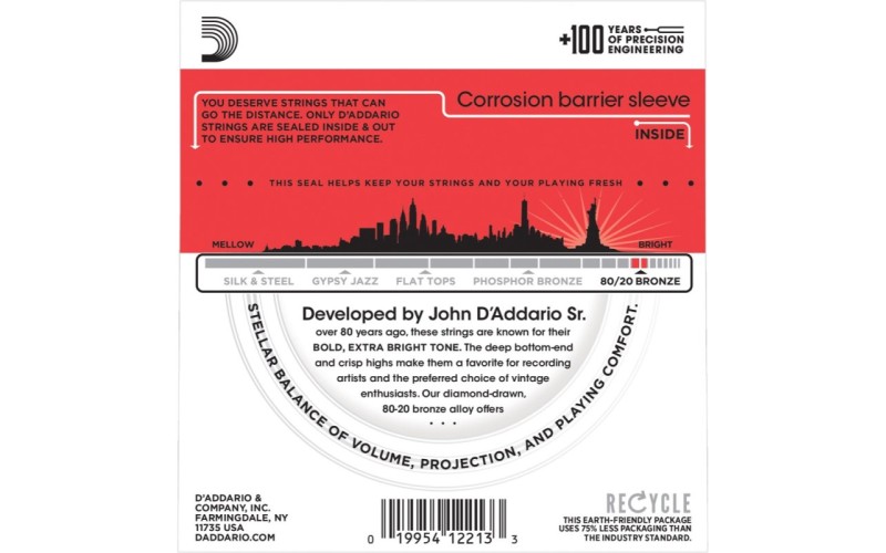 D'ADDARIO EJ12 струны для акустической гитары, бронза, 80/20, Medium, 13-56