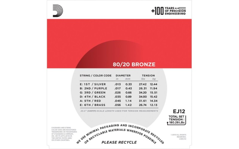 D'ADDARIO EJ12 струны для акустической гитары, бронза, 80/20, Medium, 13-56