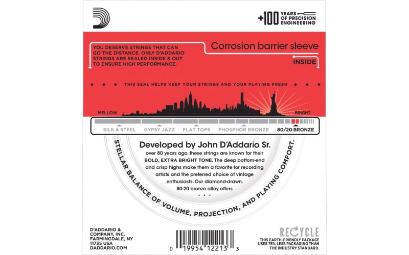 D'ADDARIO EJ12 струны для акустической гитары, бронза, 80/20, Medium, 13-56