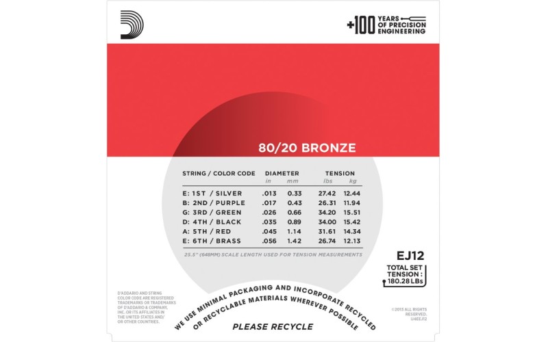 D'ADDARIO EJ12 струны для акустической гитары, бронза, 80/20, Medium, 13-56