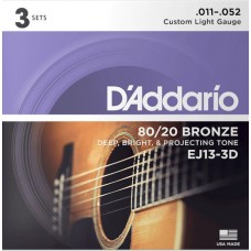 D'Addario EJ13-3D Bronze 80/20 Струны для акустической гитары, бронза, 11-52, 3 комплекта