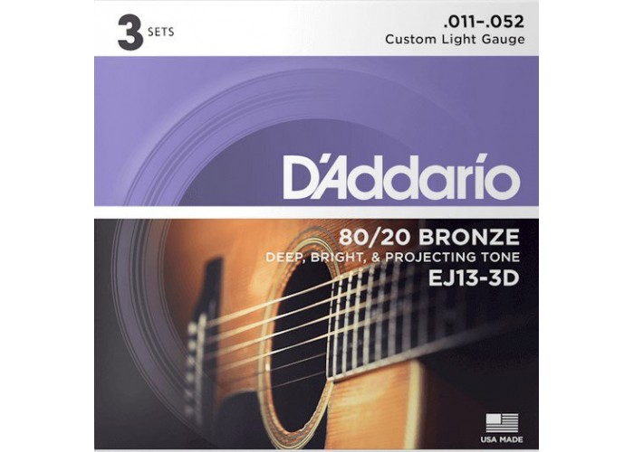 D'Addario EJ13-3D Bronze 80/20 Струны для акустической гитары, бронза, 11-52, 3 комплекта