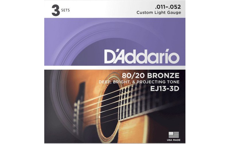 D'Addario EJ13-3D Bronze 80/20 Струны для акустической гитары, бронза, 11-52, 3 комплекта