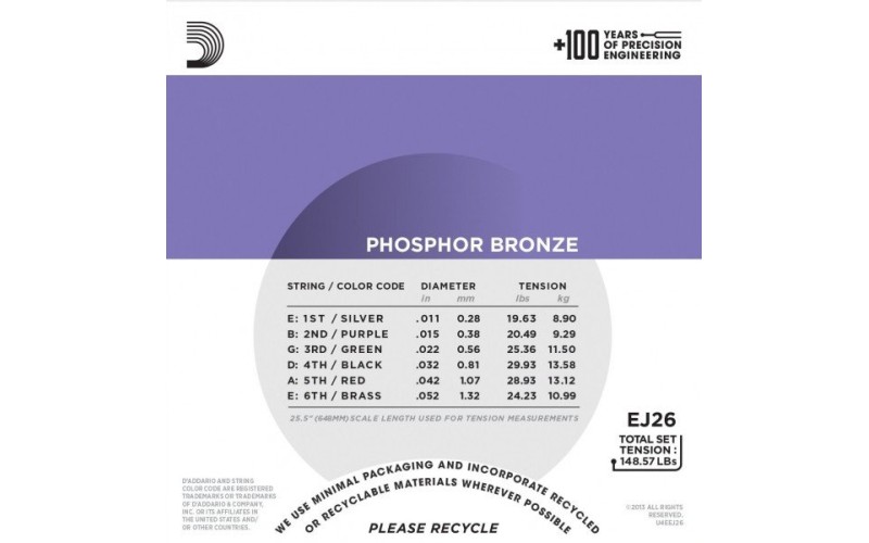 D'ADDARIO EJ26-3D 3 комплекта струн для акустической гитары, фосфор/бронза, Custom Light, 11-52