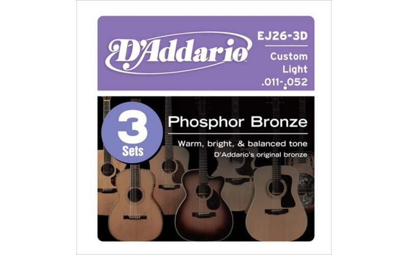 D'ADDARIO EJ26-3D 3 комплекта струн для акустической гитары, фосфор/бронза, Custom Light, 11-52
