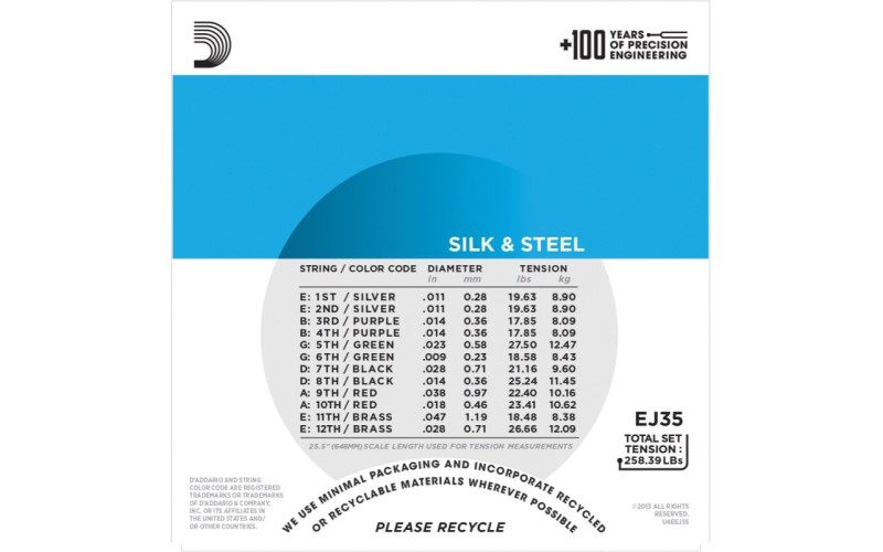 D'ADDARIO EJ35 стр. для 12- стр. гит., посеребренные сталь/шелк, 11-47