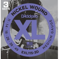 D'Addario EXL115-3D Nickel Wound Струны для электрогитары, Medium/Blues-Jazz Rock, 11-49, 3 компл