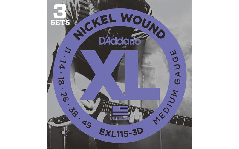 D'Addario EXL115-3D Nickel Wound Струны для электрогитары, Medium/Blues-Jazz Rock, 11-49, 3 компл