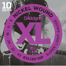 D'Addario EXL120-10P Nickel Wound Струны для электрогитары, Super Light, 9-42, 10 комплектов