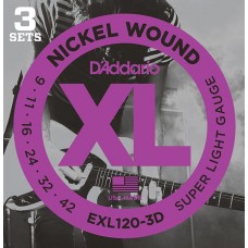 D'Addario EXL120-3D Nickel Wound Струны для электрогитары, Super Light, 9-42, 3 комплекта