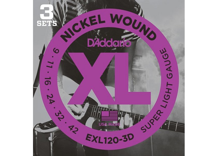 D'Addario EXL120-3D Nickel Wound Струны для электрогитары, Super Light, 9-42, 3 комплекта