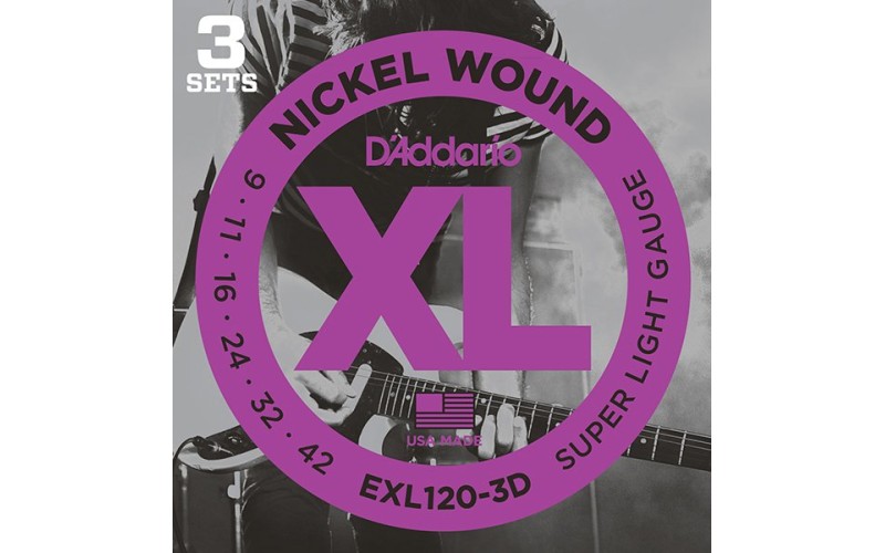 D'Addario EXL120-3D Nickel Wound Струны для электрогитары, Super Light, 9-42, 3 комплекта