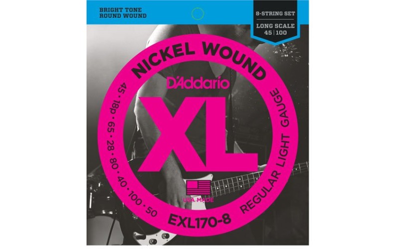 D'Addario EXL170-8 Nickel Wound Комплект струн для 8-струнной бас-гитары, Light, 45-100, Long Scale