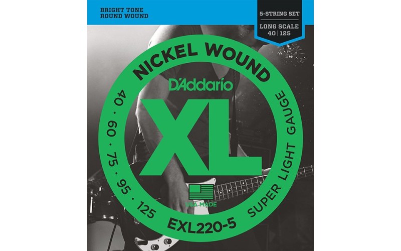 D'Addario EXL220-5 Nickel Wound Комплект струн для 5-струнной бас-гитары, Super Light, 40-125