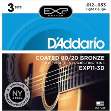 D'Addario EXP11-3D Coated 80/20 Струны для акустической гитары, Light, 12-53, 3 комплекта