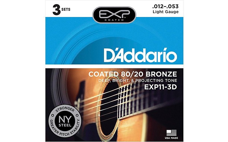 D'Addario EXP11-3D Coated 80/20 Струны для акустической гитары, Light, 12-53, 3 комплекта