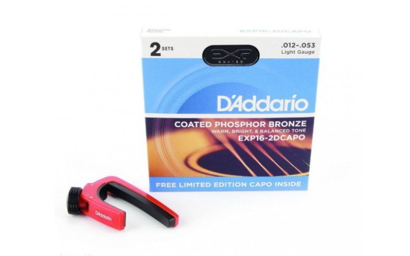 D'ADDARIO EXP16-2DCAPO - 2 комплекта струн для акустической гитары,12-53 + каподастр в подарок