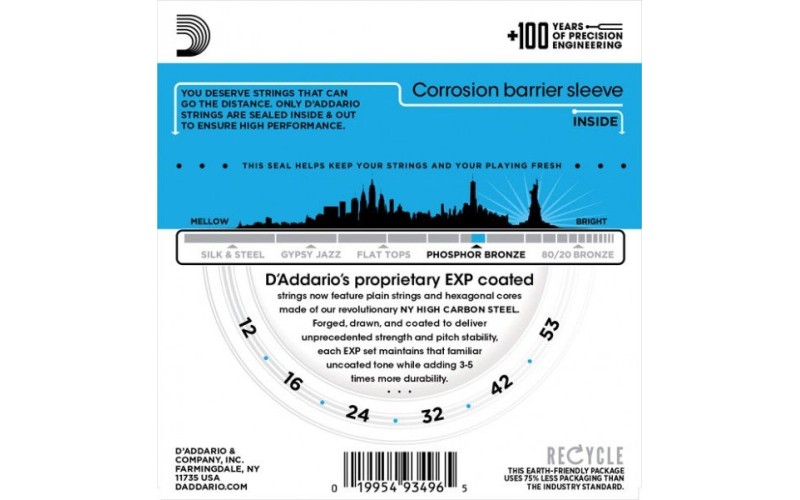 D'ADDARIO EXP16-2DCAPO - 2 комплекта струн для акустической гитары,12-53 + каподастр в подарок