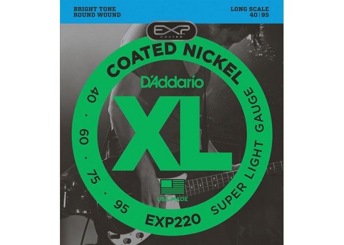 D'Addario EXP220 Coated Nickel Wound Комплект струн для бас-гитары, с покрытием, Super Light, 40-95