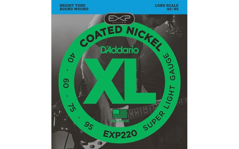 D'Addario EXP220 Coated Nickel Wound Комплект струн для бас-гитары, с покрытием, Super Light, 40-95