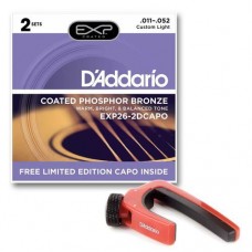 D'ADDARIO EXP26-2DCAPO - 2 комплекта струн для акустической гитары, 11-52 + каподастр в подарок