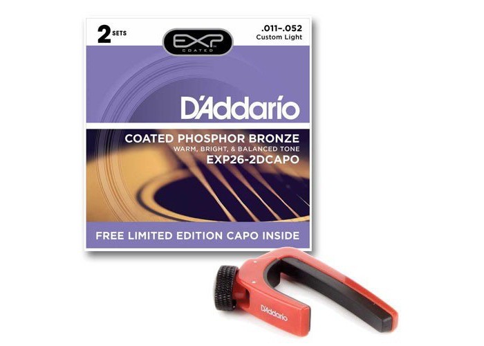 D'ADDARIO EXP26-2DCAPO - 2 комплекта струн для акустической гитары, 11-52 + каподастр в подарок