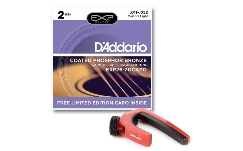 D'ADDARIO EXP26-2DCAPO - 2 комплекта струн для акустической гитары, 11-52 + каподастр в подарок
