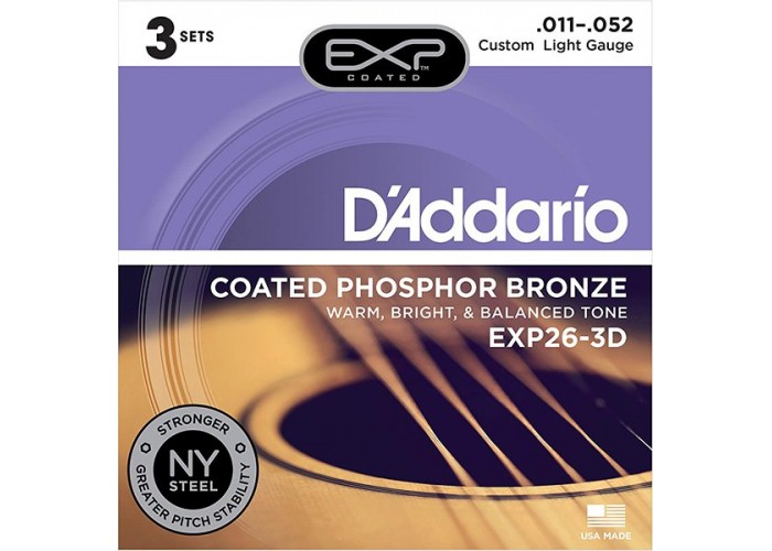 D'Addario EXP26-3D Coated Phosphor Bronze Струны для акустической гитары, C.Light, 11-52, 3 компл