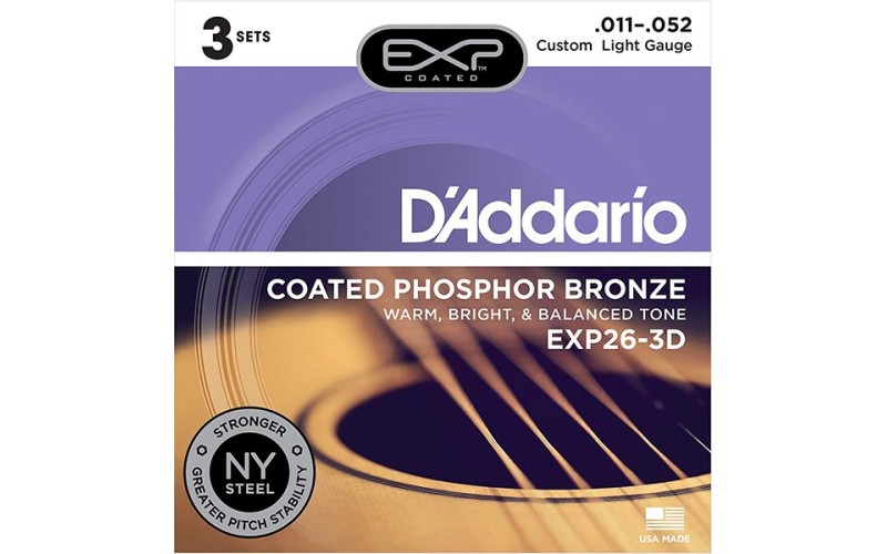 D'Addario EXP26-3D Coated Phosphor Bronze Струны для акустической гитары, C.Light, 11-52, 3 компл