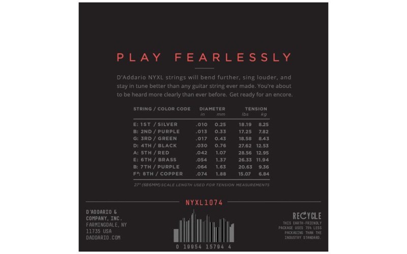 D'ADDARIO NYXL1074 - струны для 8-струнной электрогитары, Light Top/Heavy Bottom, 10-74