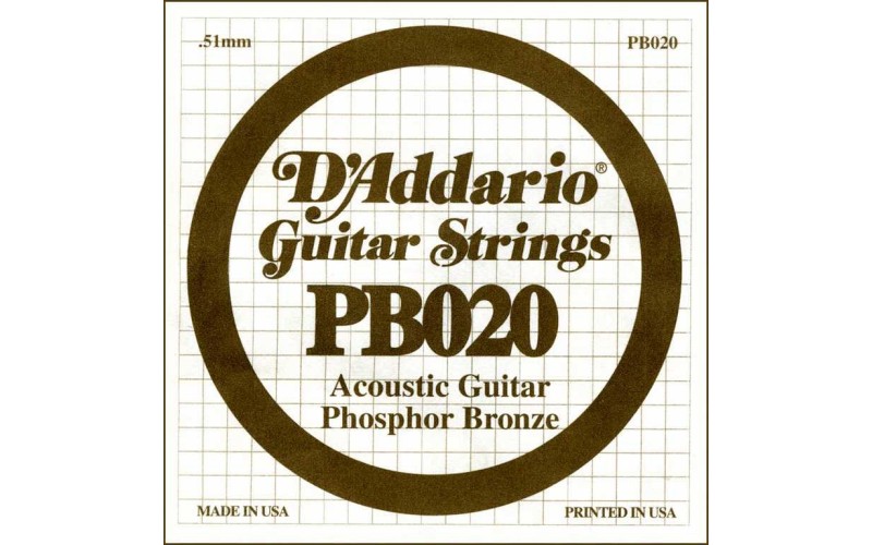 D'Addario PB020 Phosphor Bronze Отдельная струна для акустической гитары, фосфорная бронза, .020