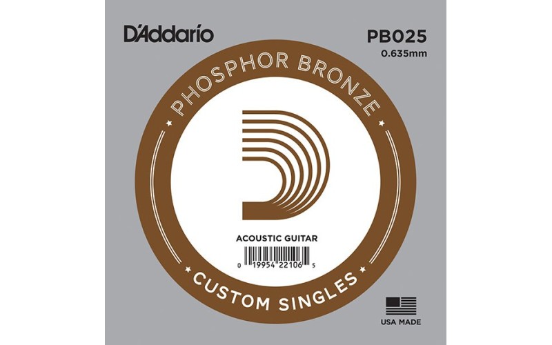 D'Addario PB025 Phosphor Bronze Отдельная струна для акустической гитары, фосфорная бронза, .025