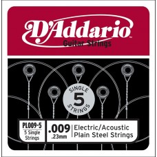 D'Addario PL009-5 Plain Steel Отдельная стальная струна без обмотки 009, 5шт