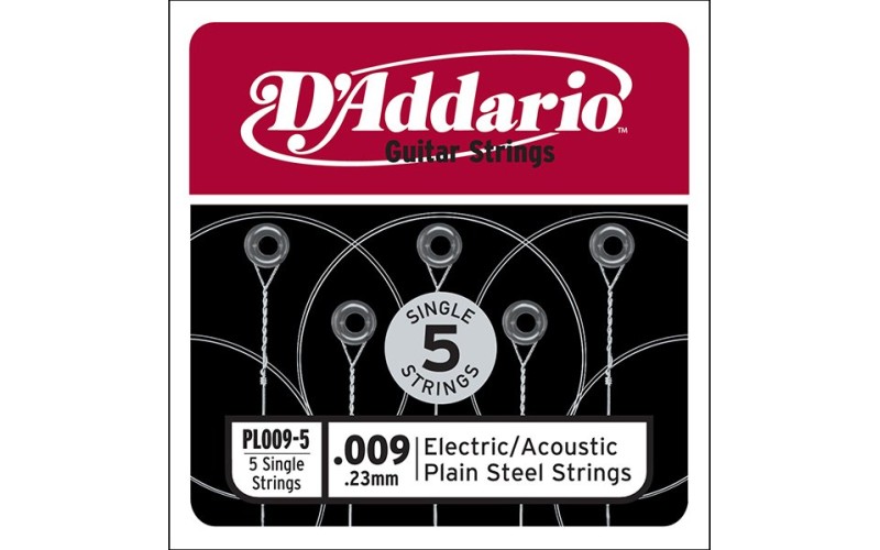 D'Addario PL009-5 Plain Steel Отдельная стальная струна без обмотки 009, 5шт