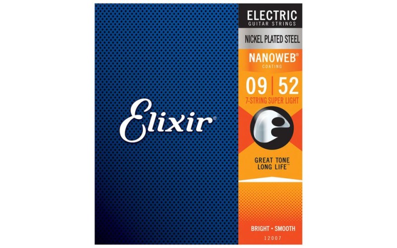 Elixir 12007 NANOWEB Комплект струн для 7-струнной электрогитары, никелир. сталь, Super Light 9-52