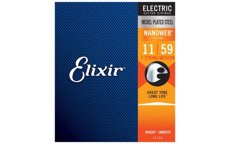 Elixir 12106 NANOWEB Комплект струн для 7-струнной электрогитары, никелированная сталь, Medium 11-59