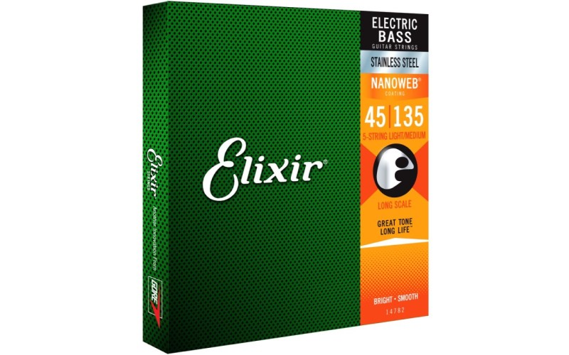 Elixir 14782 NanoWeb струны для 5-струнной бас-гитары Medium 45-135, сталь