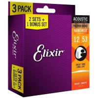 Elixir 16545 Струны Phosphor Bronze Acoustic NANOWEB Light (.012-.053) 3-pack