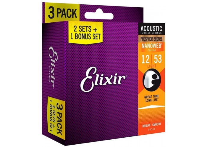 Elixir 16545 Струны Phosphor Bronze Acoustic NANOWEB Light (.012-.053) 3-pack