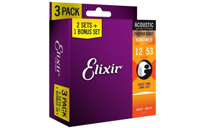 Elixir 16545 Струны Phosphor Bronze Acoustic NANOWEB Light (.012-.053) 3-pack