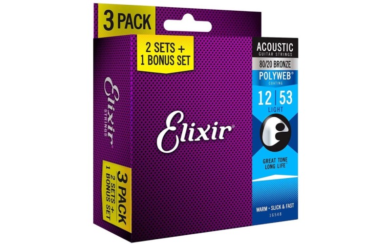 Elixir 16548 Струны 80/20 Bronze Acoustic POLYOWEB Light (.012-.053)	3-pack