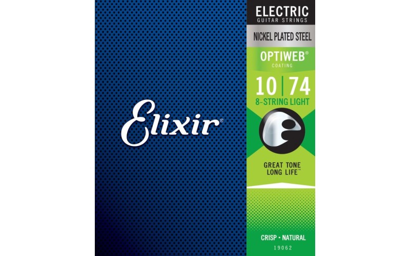 Elixir 19062 Optiweb Комплект струн для 8-струнной электрогитары, никелированная сталь, Light 10-74