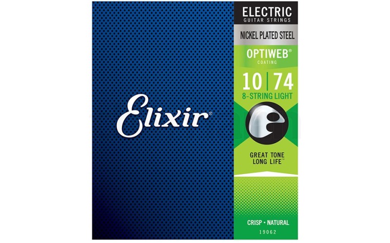 Elixir 19062 Optiweb Комплект струн для 8-струнной электрогитары, никелированная сталь, Light 10-74