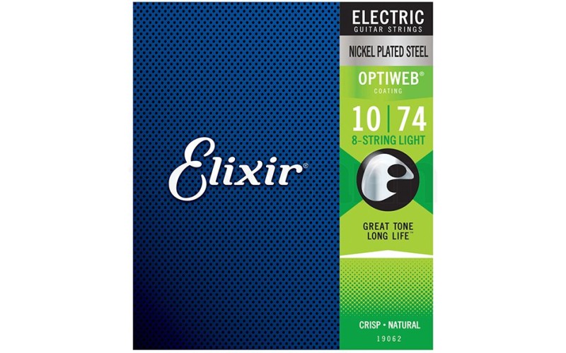 Elixir 19062 Optiweb Комплект струн для 8-струнной электрогитары, никелированная сталь, Light 10-74